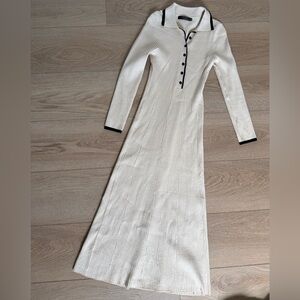 Cream Ribbed Long-Sleeve Polo Knit Dress with Black Trim